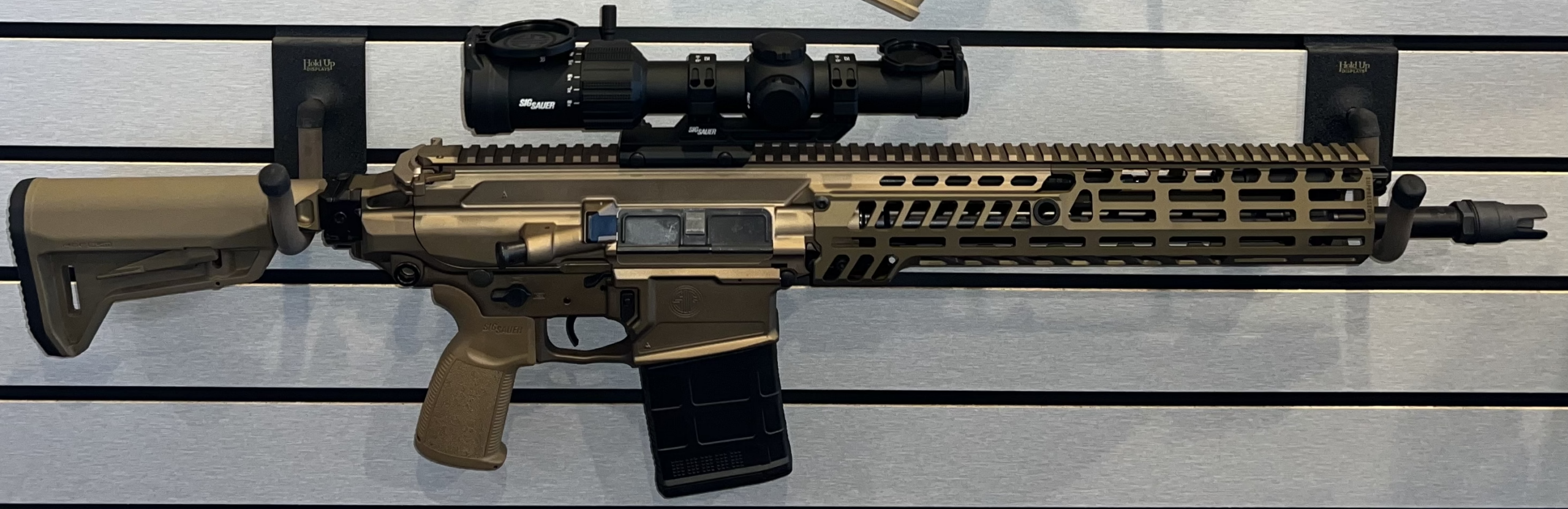 Tan AR-style rifle with scope on wall